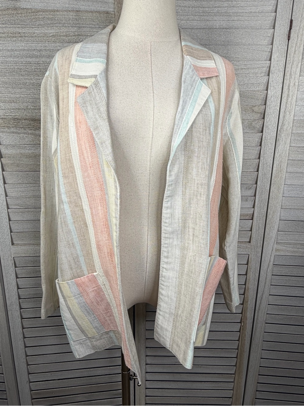 Linen Blazer Open Front Pastel Stripes Women's Career/Office-Large